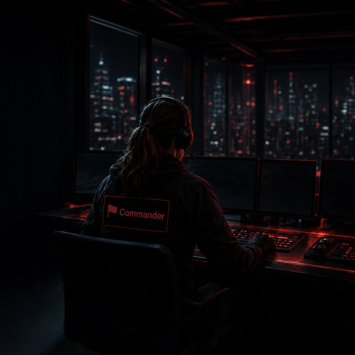Paige at her command station, wearing a headset and watching the incident room